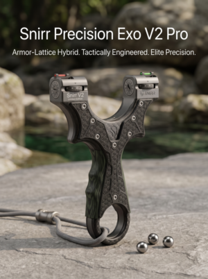Snirr Precision Exo V2 Pro limited edition tactical slingshot with fiber-optic sights and armor-lattice handle design