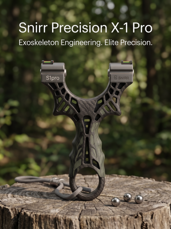 Snirr Precision X-1 Pro tactical slingshot front view placed on a tree stump in a lush green forest background