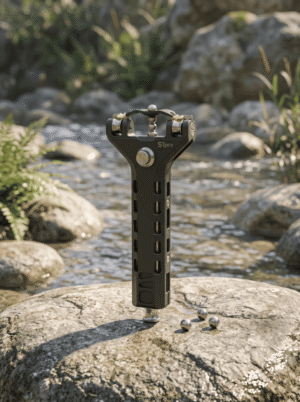 SNIRR S1 Pro Mechanized Slingshot featuring a limited edition oxidized metal finish with a rich blue-green verdigris patina and aged brass texture standing on a river boulder in a forest